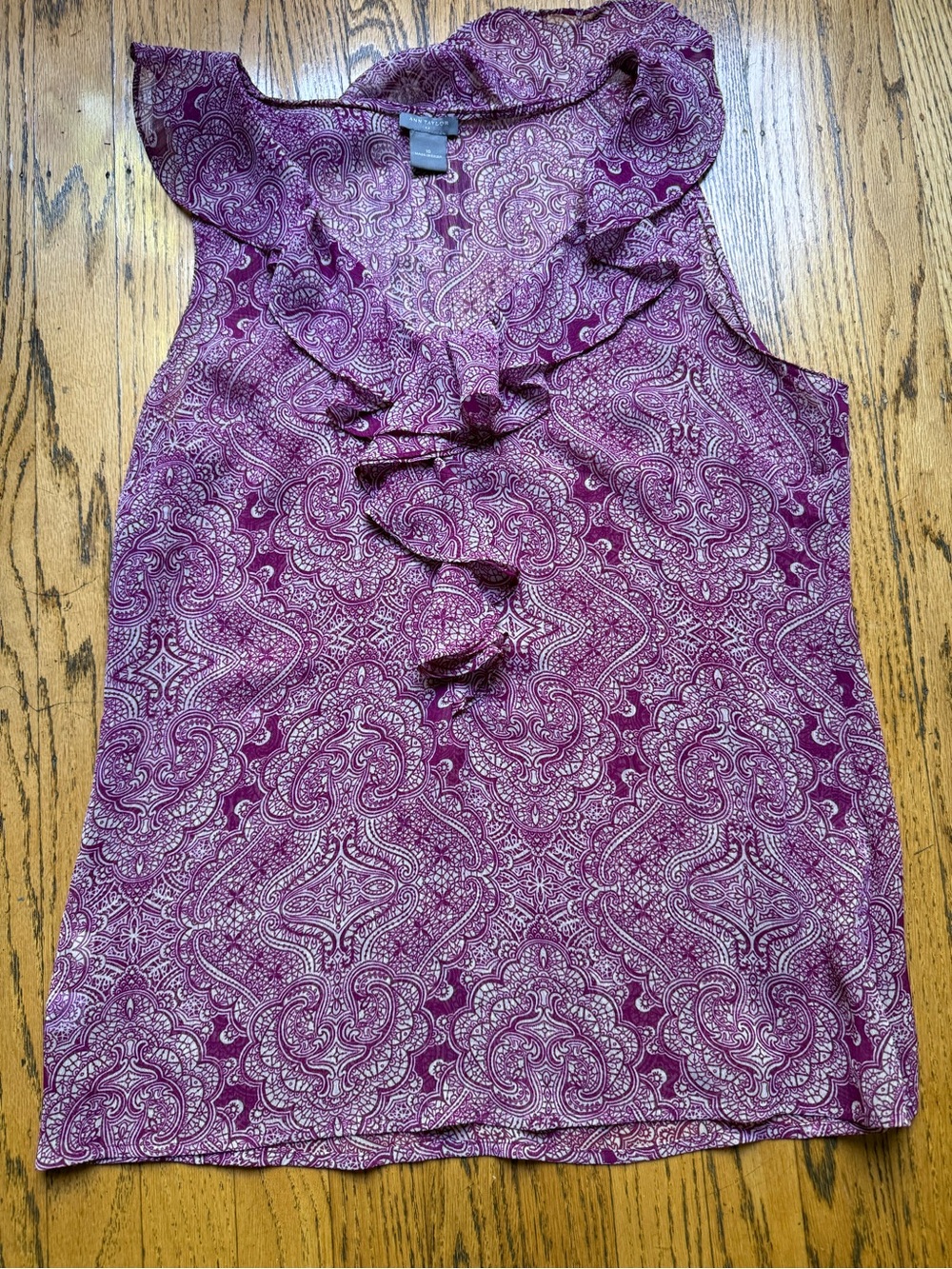 Ann Taylor Purple Paisley Sleeveless Ruffle-Neck Top